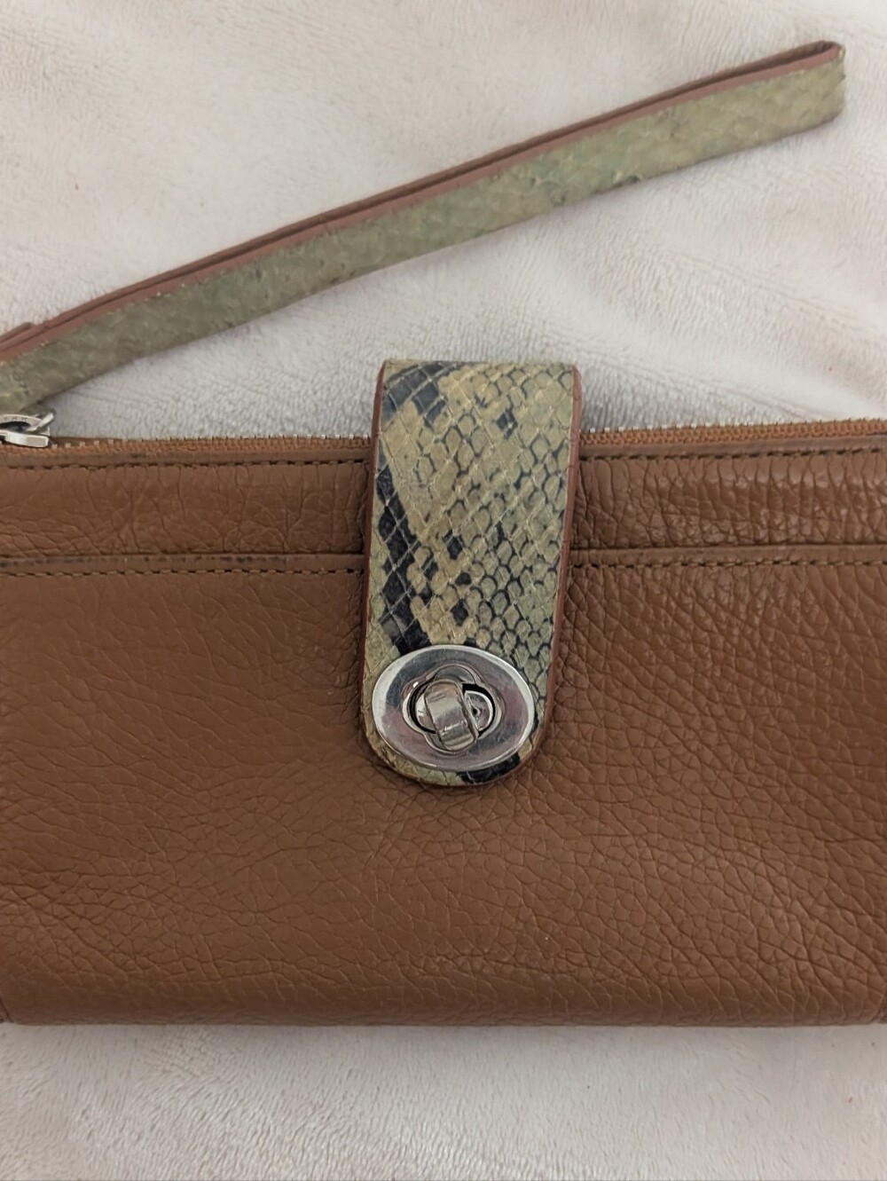 Danilos Fine Leather Wristlet Wallet Tan Brown with Snakeskin Turnlock Accent